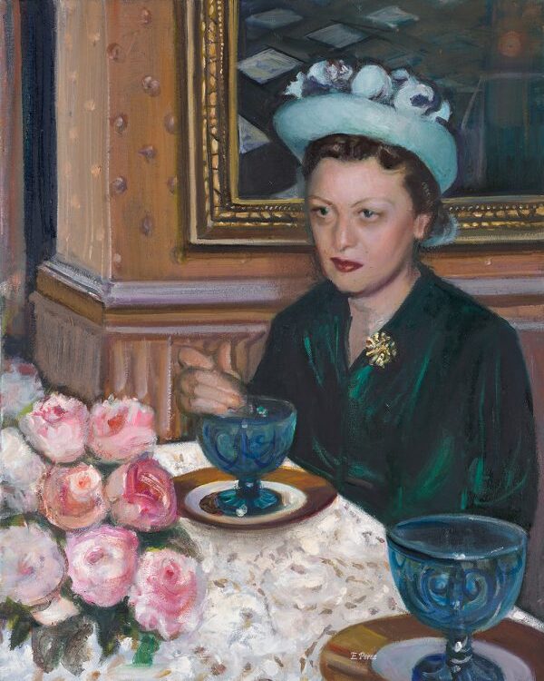 Rebbetzin Chaya Mushka with Roses — oil portrait by Esther Perez