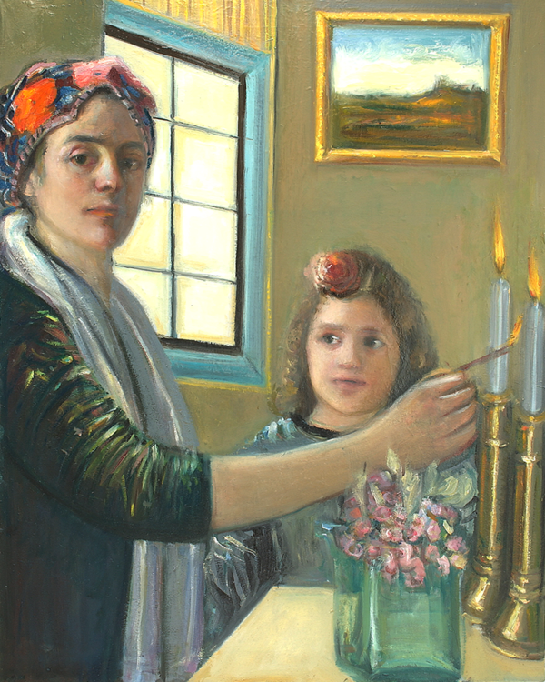 Lighting the Shabbat Candles — oil portrait by Esther Perez