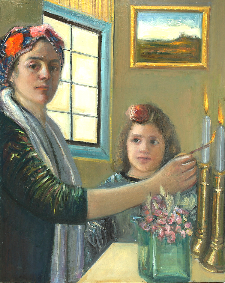 Lighting the Shabbat Candles — oil portrait by Esther Perez