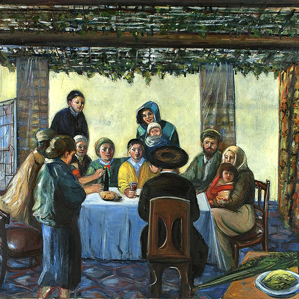 A Family in the Sukkah — oil portrait by Esther Perez