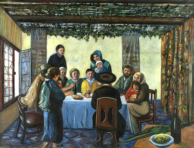 A Family in the Sukkah — oil portrait by Esther Perez